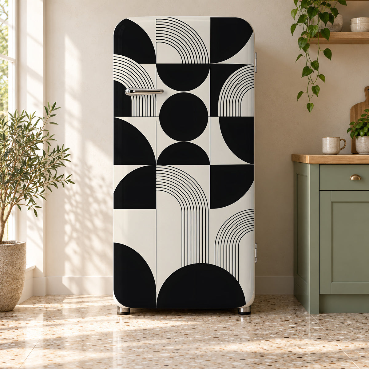 Black & White Geometric fridge wrap on a retro refrigerator