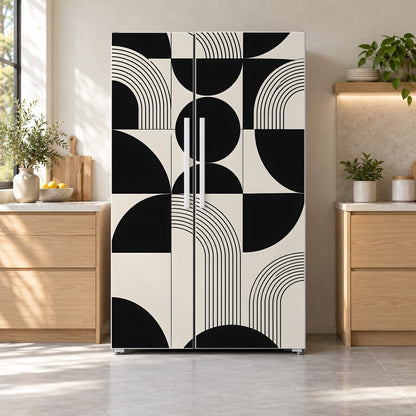 Black & White Geometric fridge wrap on a side-by-side refrigerator
