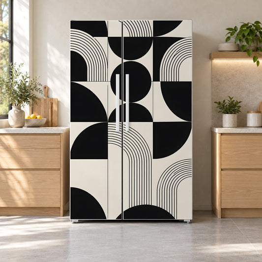Black & White Geometric fridge wrap on a side-by-side refrigerator