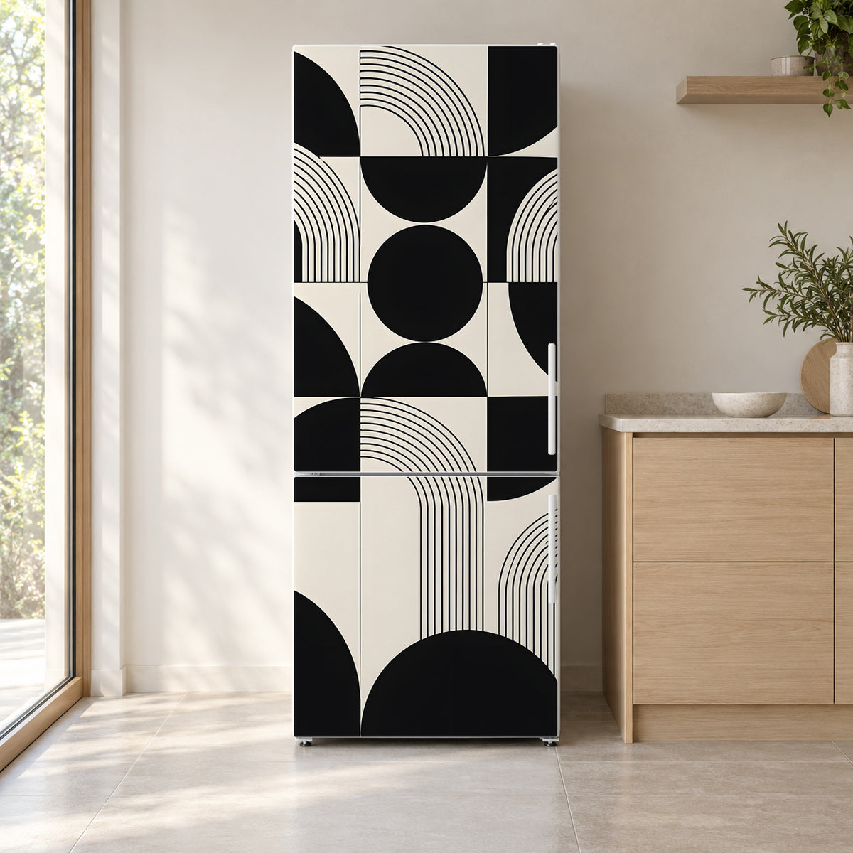 Black & White Geometric fridge wrap on a white refrigerator in a bright kitchen