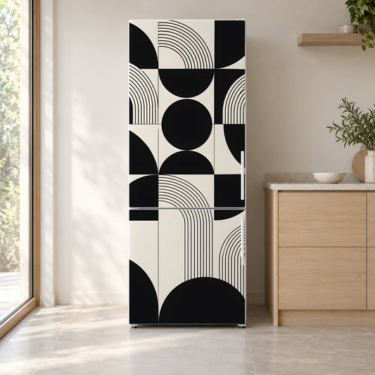 Black & White Geometric fridge wrap on a white refrigerator in a bright kitchen