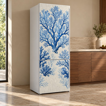 Blue Coral fridge wrap, refrigerator shown at an angle