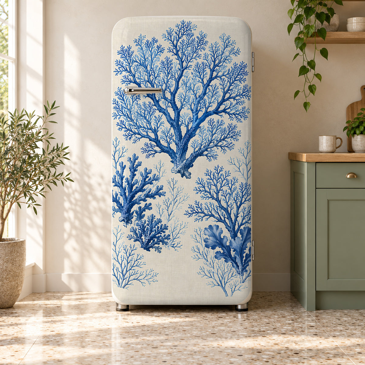 Blue Coral fridge wrap on a retro refrigerator