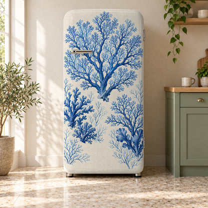 Blue Coral fridge wrap on a retro refrigerator