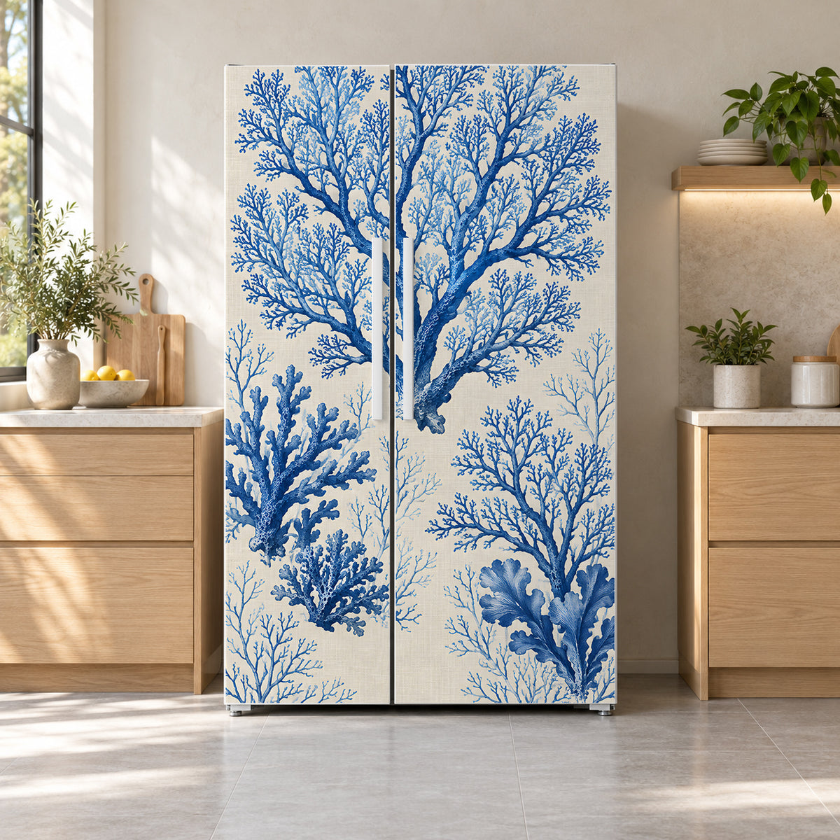 Blue Coral fridge wrap on a side-by-side refrigerator