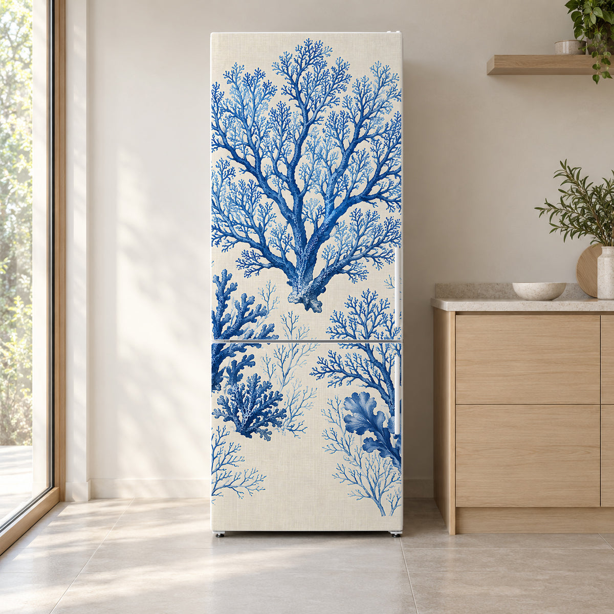 Blue Coral fridge wrap on a white refrigerator in a bright kitchen