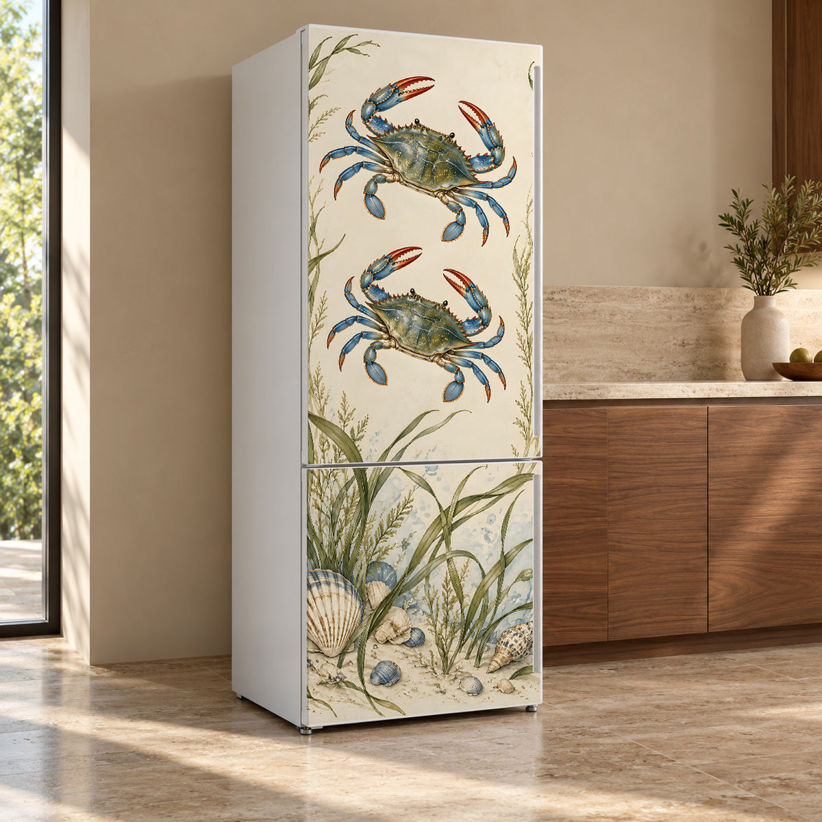 Blue Crabs fridge wrap, refrigerator shown at an angle