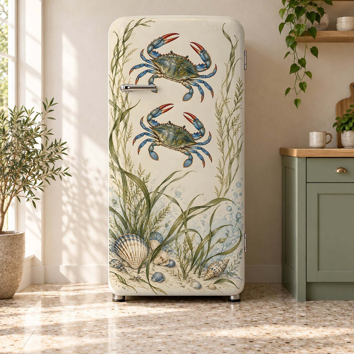 Blue Crabs fridge wrap on a retro refrigerator