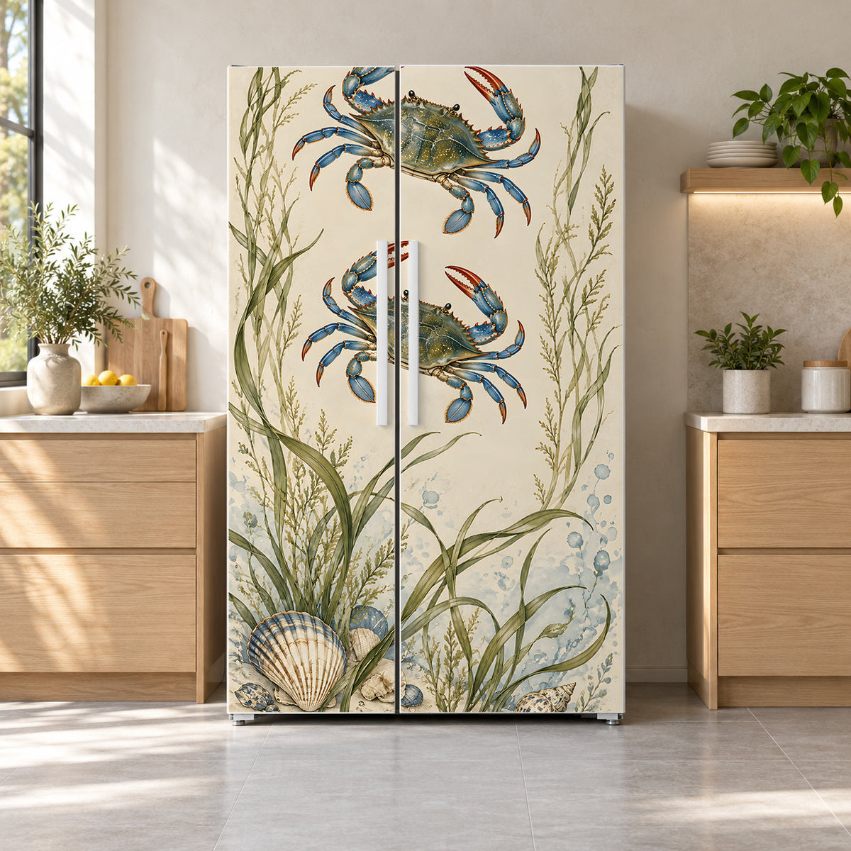 Blue Crabs fridge wrap on a side-by-side refrigerator