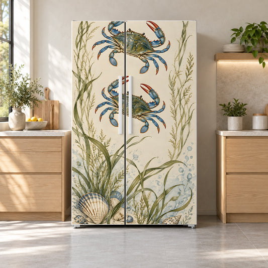 Blue Crabs fridge wrap on a side-by-side refrigerator