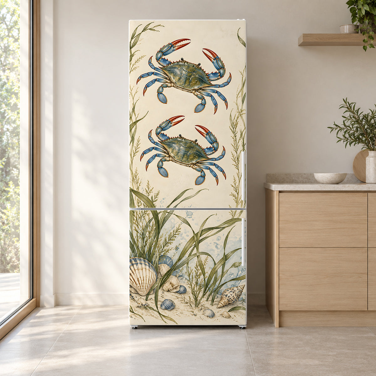 Blue Crabs fridge wrap on a white refrigerator in a bright kitchen