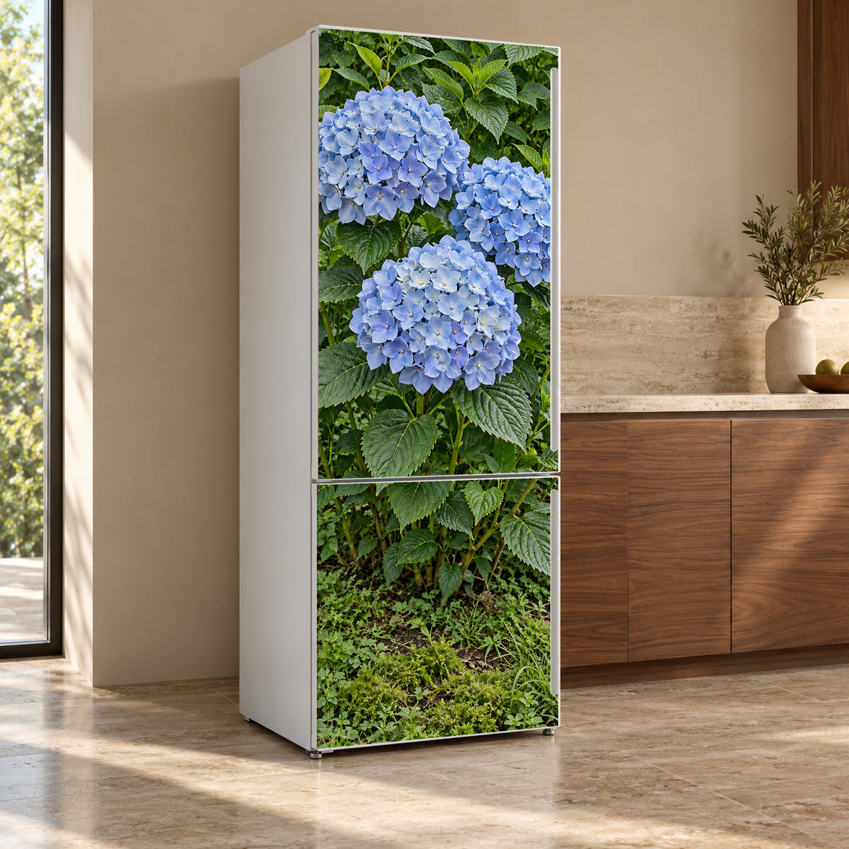Blue Hydrangea fridge wrap, refrigerator shown at an angle