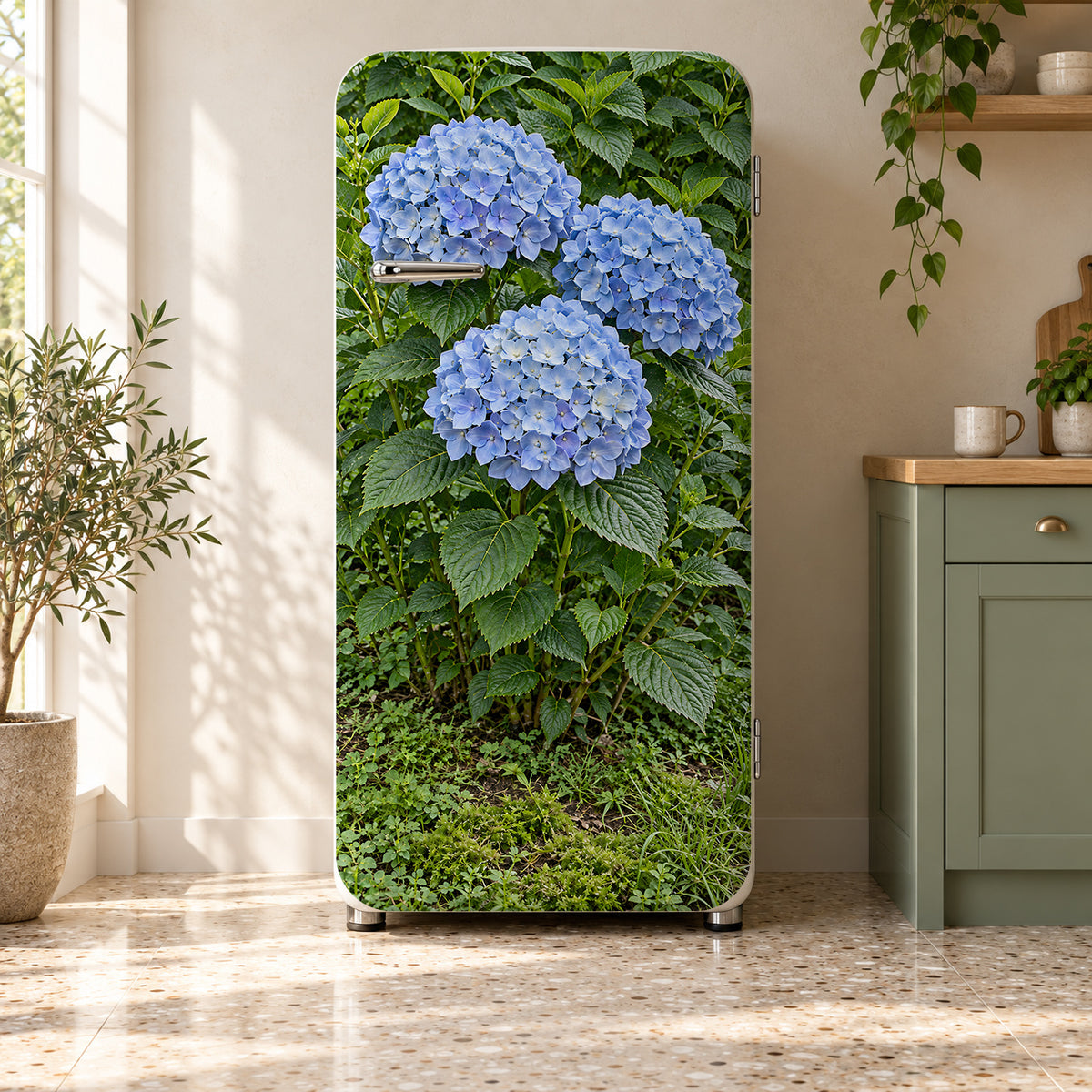 Blue Hydrangea fridge wrap on a retro refrigerator