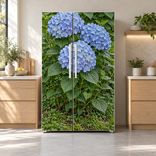 Blue Hydrangea fridge wrap on a side-by-side refrigerator