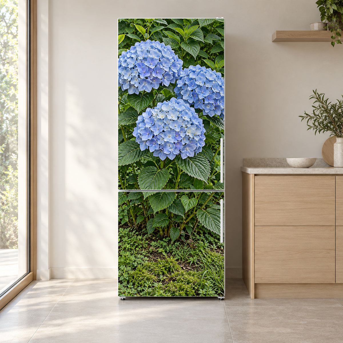 Blue Hydrangea fridge wrap on a white refrigerator in a bright kitchen