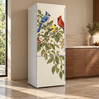 Blue Jay, Cardinal & Goldfinch fridge wrap, refrigerator shown at an angle