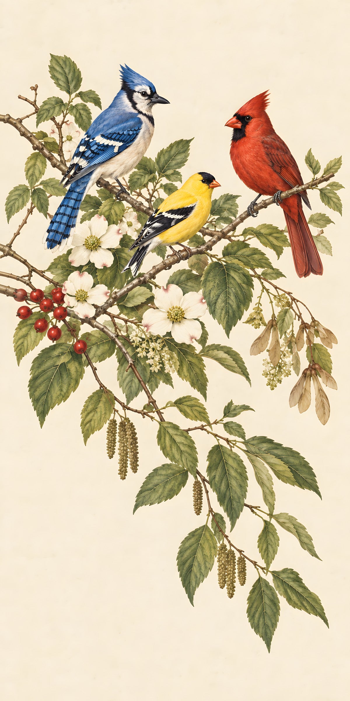 Blue Jay, Cardinal & Goldfinch fridge wrap full design