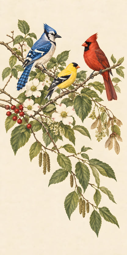 Blue Jay, Cardinal & Goldfinch fridge wrap full design