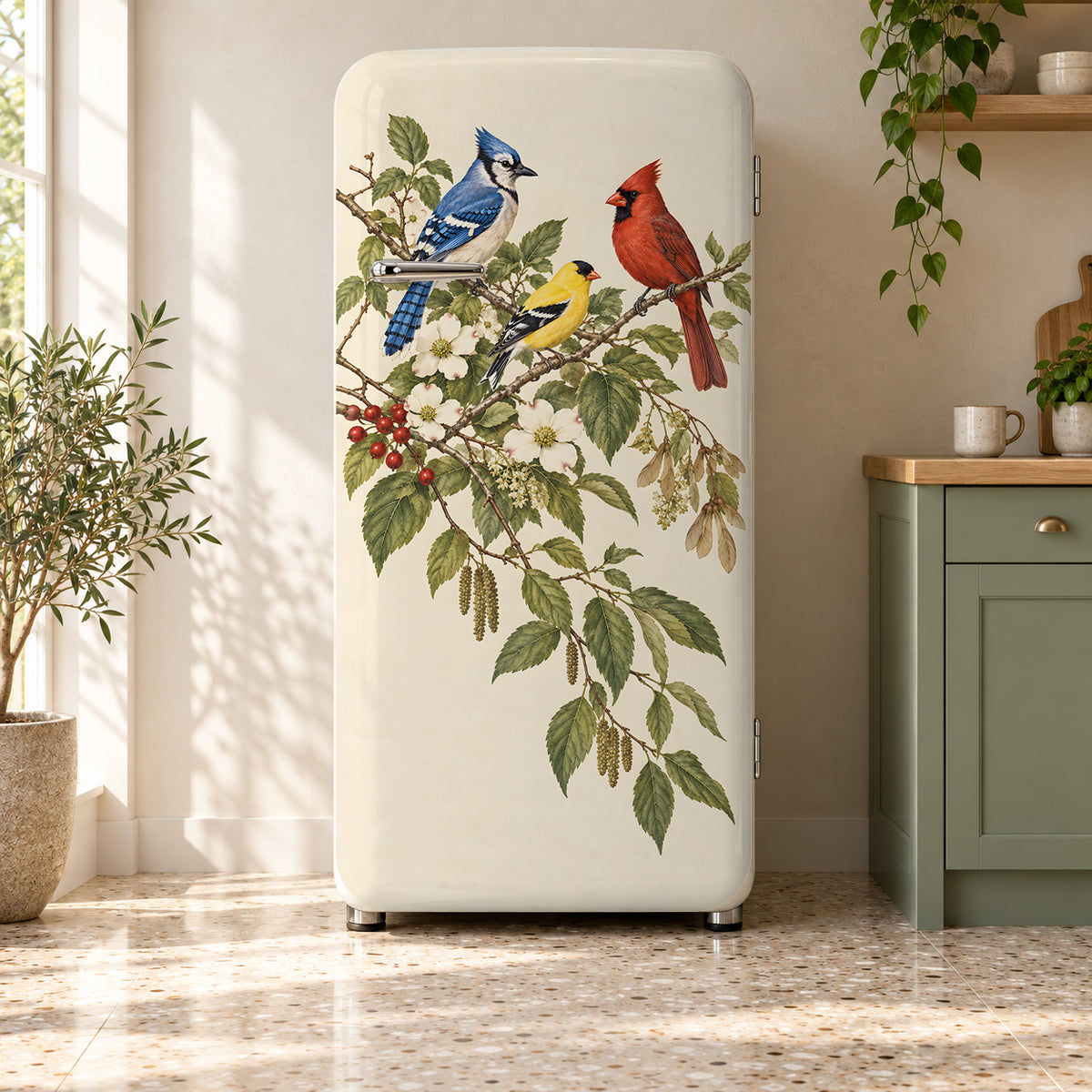 Blue Jay, Cardinal & Goldfinch fridge wrap on a retro refrigerator