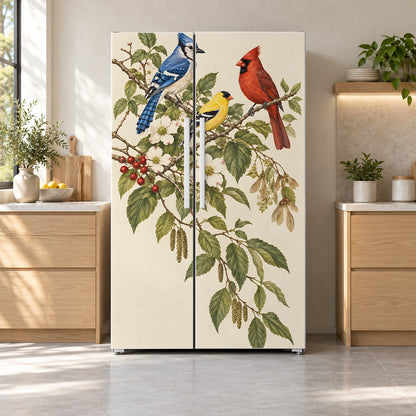 Blue Jay, Cardinal & Goldfinch fridge wrap on a side-by-side refrigerator