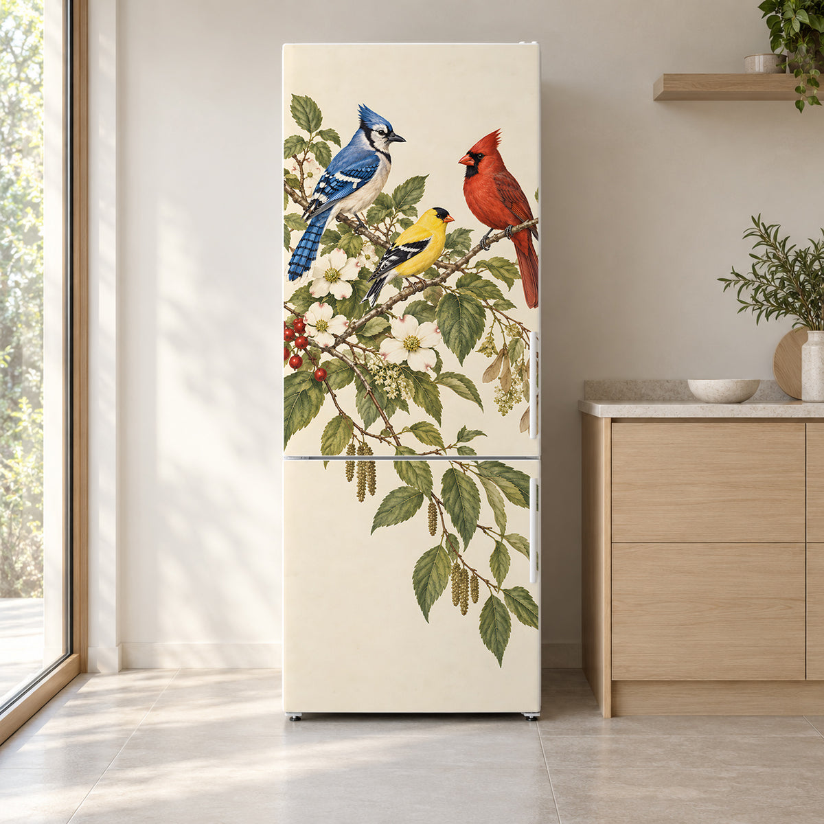 Blue Jay, Cardinal & Goldfinch fridge wrap on a white refrigerator in a bright kitchen
