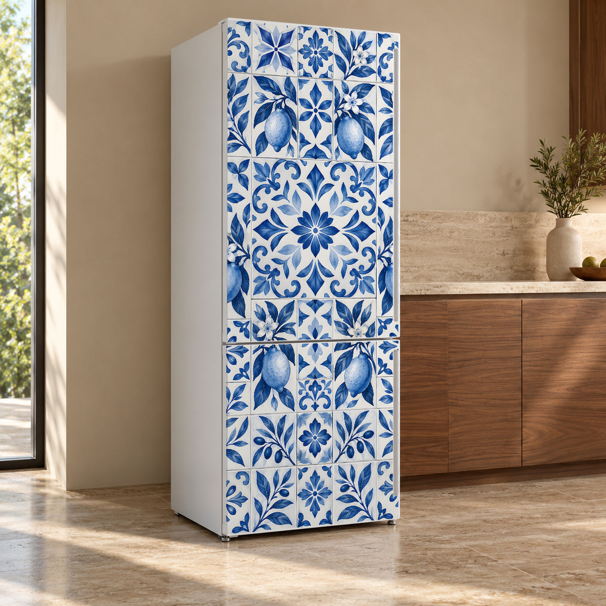 Blue Lemon Tiles fridge wrap, refrigerator shown at an angle
