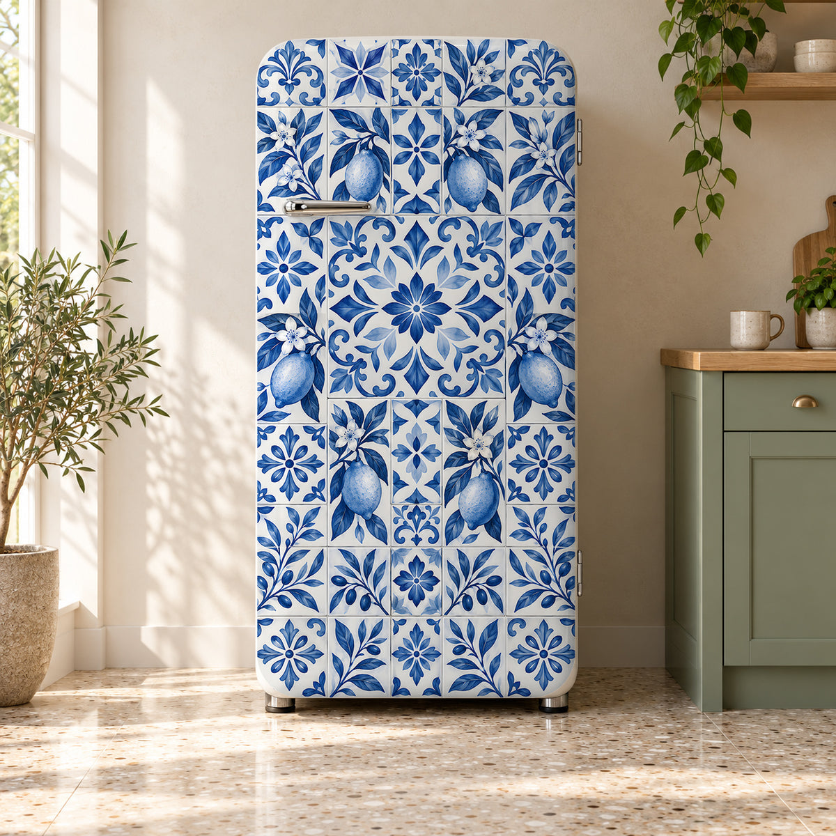 Blue Lemon Tiles fridge wrap on a retro refrigerator