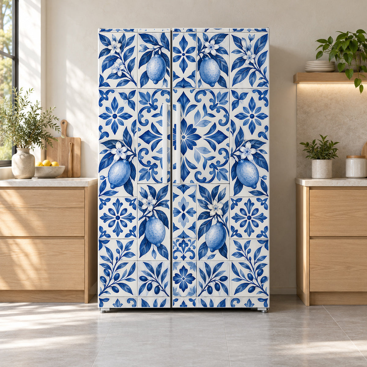 Blue Lemon Tiles fridge wrap on a side-by-side refrigerator