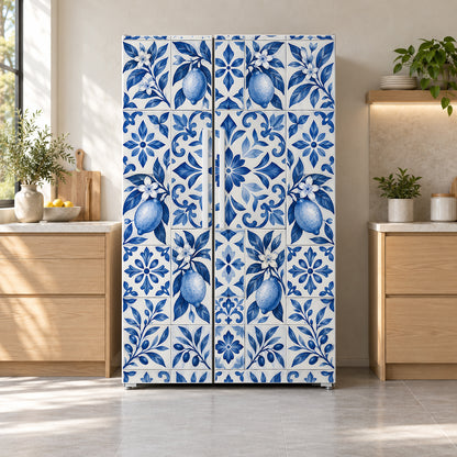 Blue Lemon Tiles fridge wrap on a side-by-side refrigerator
