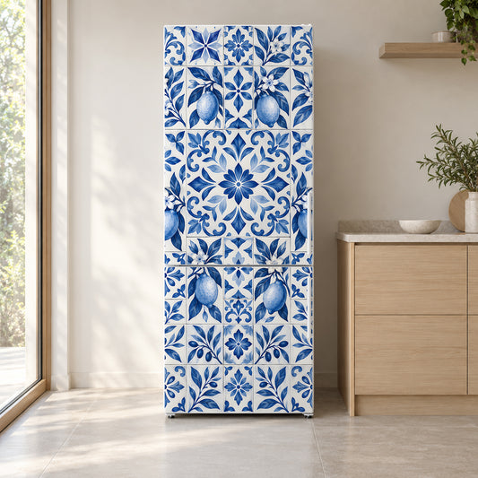 Blue Lemon Tiles fridge wrap on a white refrigerator in a bright kitchen