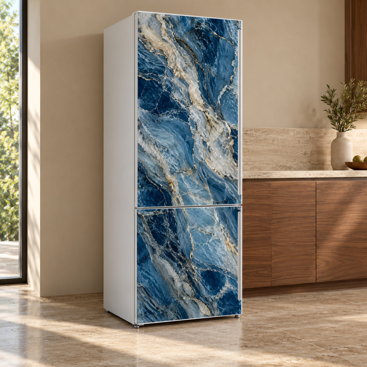 Blue Quartzite fridge wrap, refrigerator shown at an angle