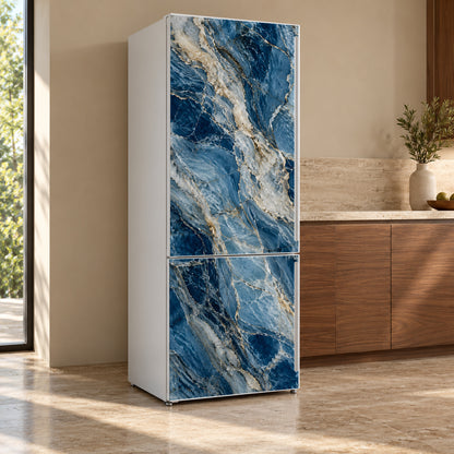 Blue Quartzite fridge wrap, refrigerator shown at an angle