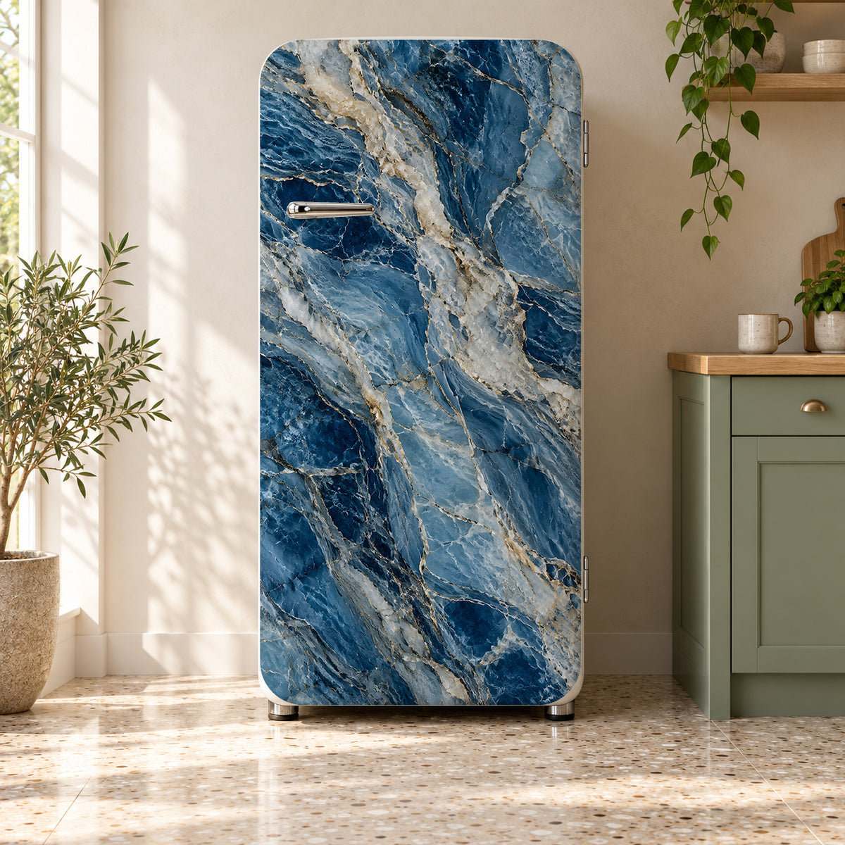 Blue Quartzite fridge wrap on a retro refrigerator