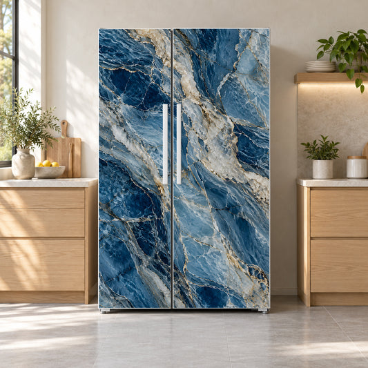 Blue Quartzite fridge wrap on a side-by-side refrigerator