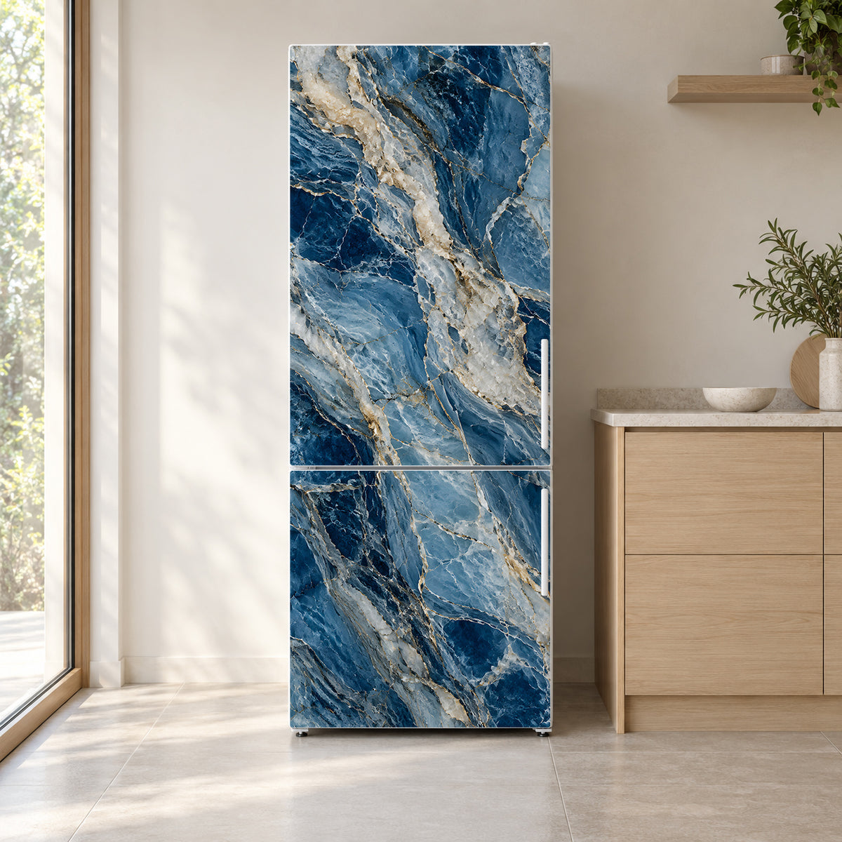Blue Quartzite fridge wrap on a white refrigerator in a bright kitchen