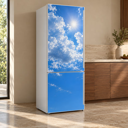 Blue Sky & Clouds fridge wrap, refrigerator shown at an angle