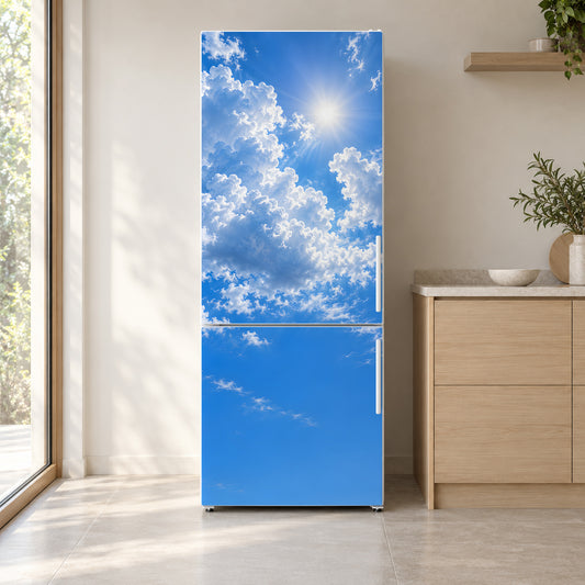 Blue Sky & Clouds fridge wrap on a white refrigerator in a bright kitchen