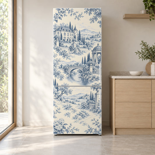Blue Toile de Jouy fridge wrap on a white refrigerator in a bright kitchen