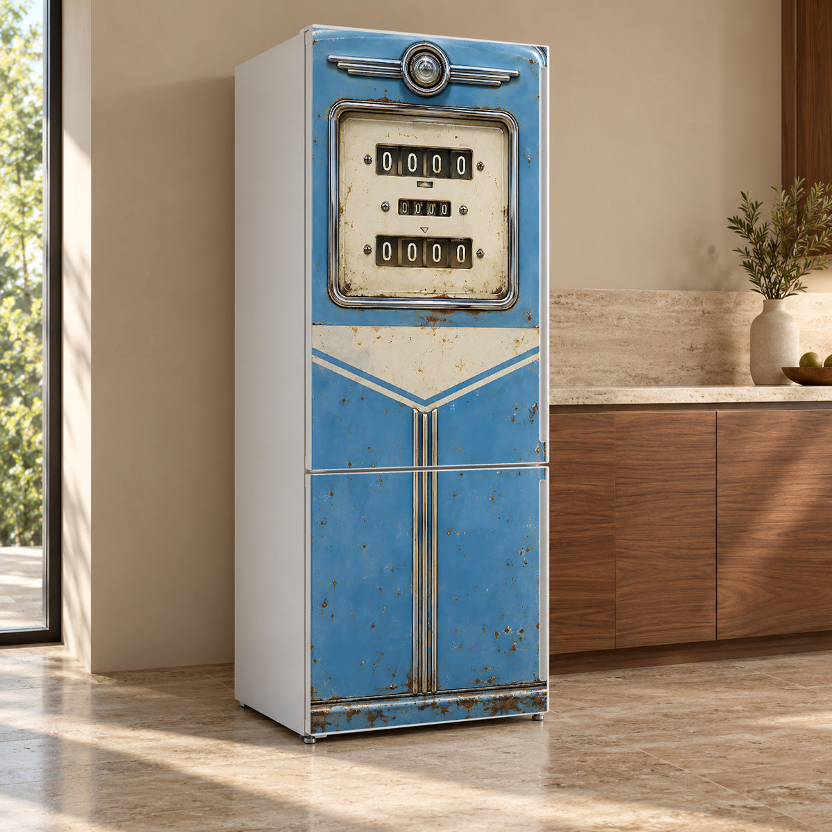 Blue Vintage Gas Pump fridge wrap, refrigerator shown at an angle