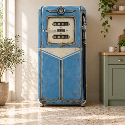 Blue Vintage Gas Pump fridge wrap on a retro refrigerator