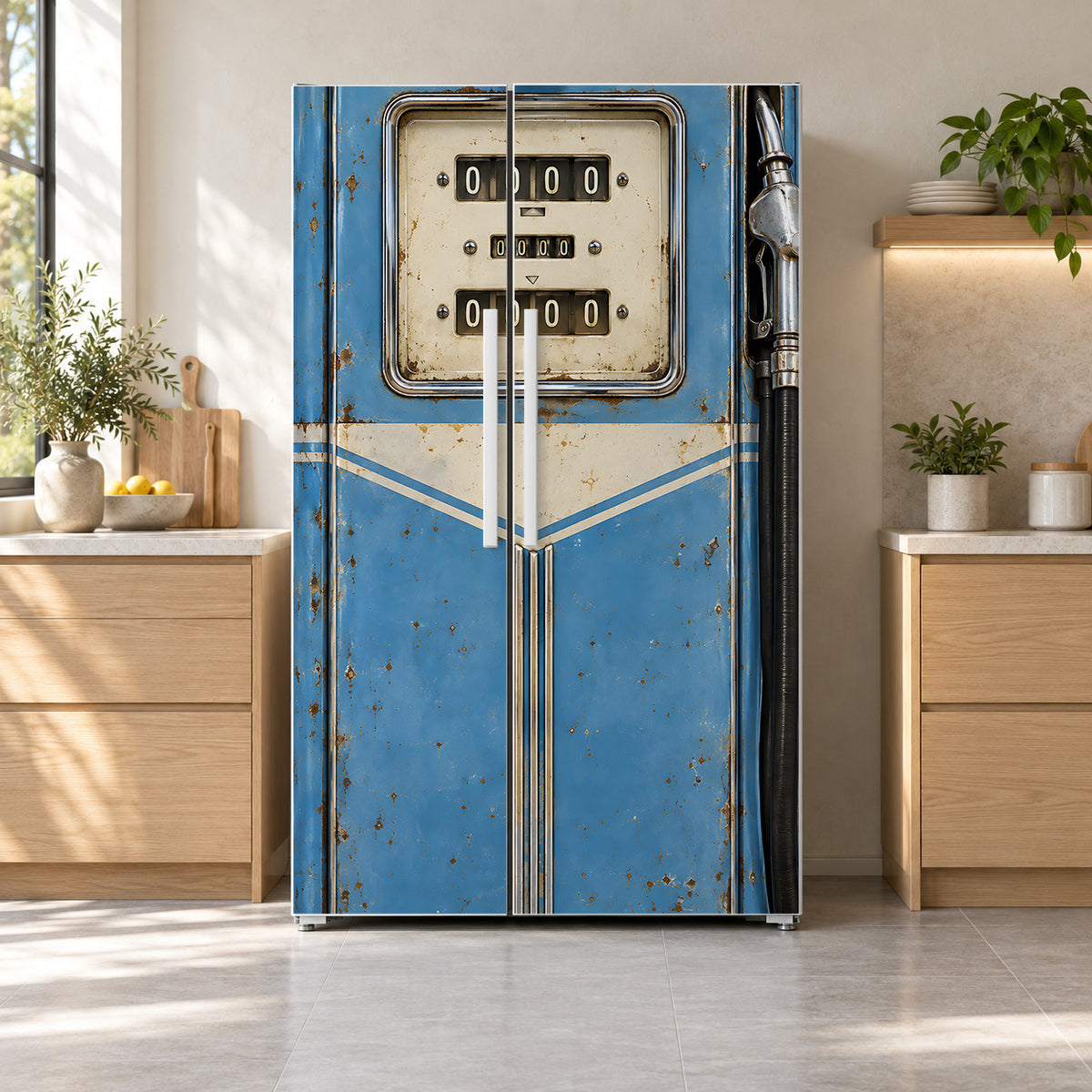 Blue Vintage Gas Pump fridge wrap on a side-by-side refrigerator