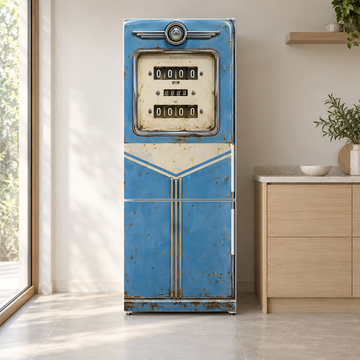 Blue Vintage Gas Pump fridge wrap on a white refrigerator in a bright kitchen