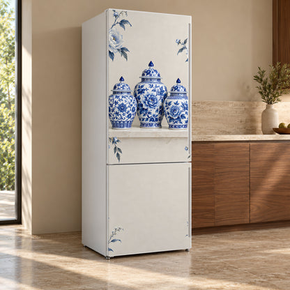 Blue & White Ginger Jars fridge wrap, refrigerator shown at an angle