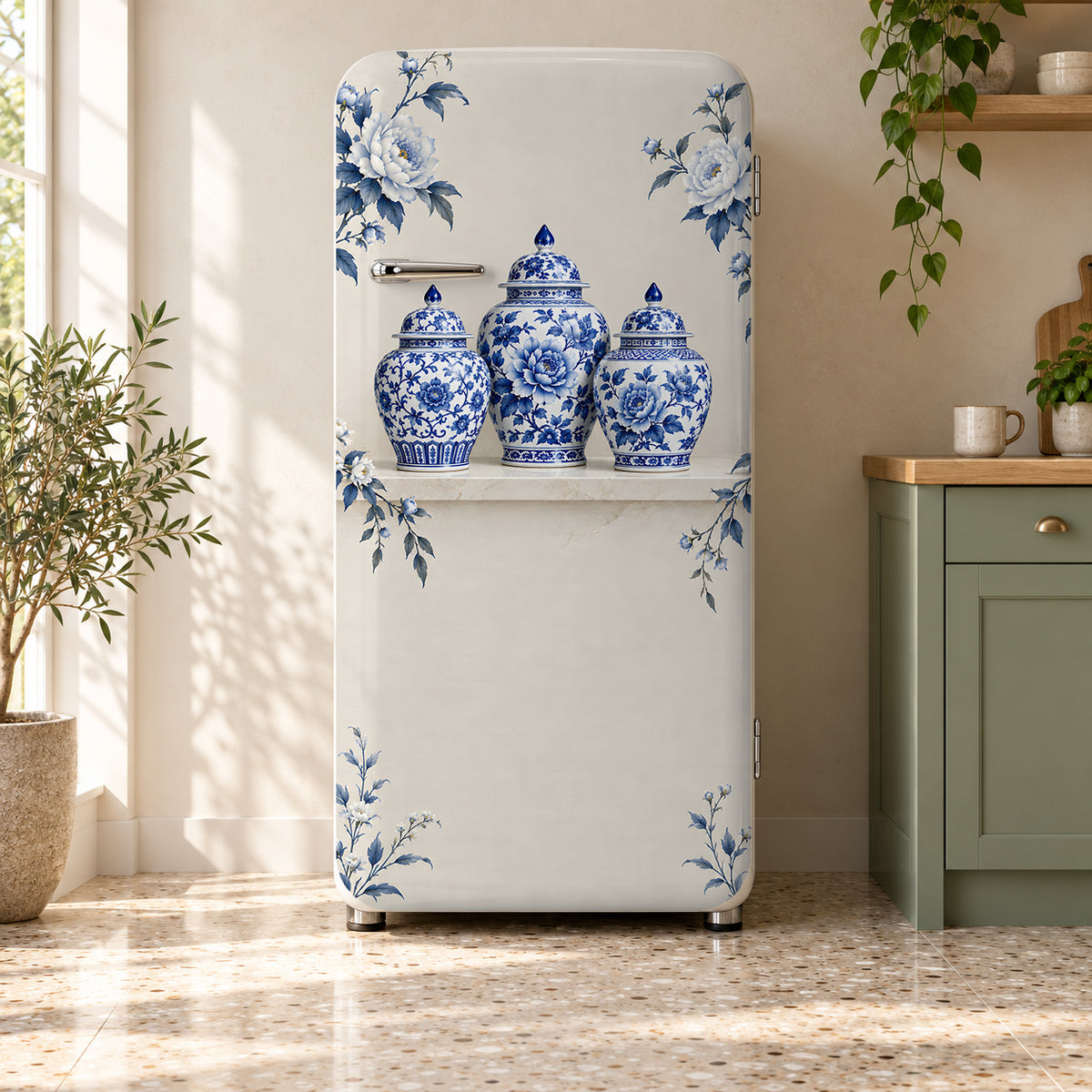Blue & White Ginger Jars fridge wrap on a retro refrigerator