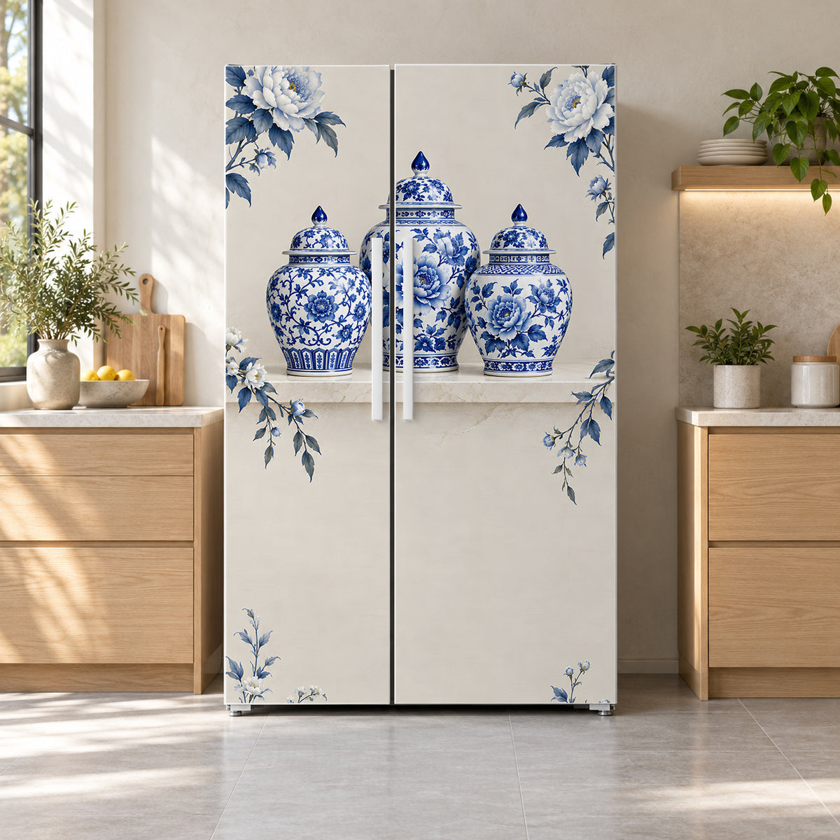 Blue & White Ginger Jars fridge wrap on a side-by-side refrigerator