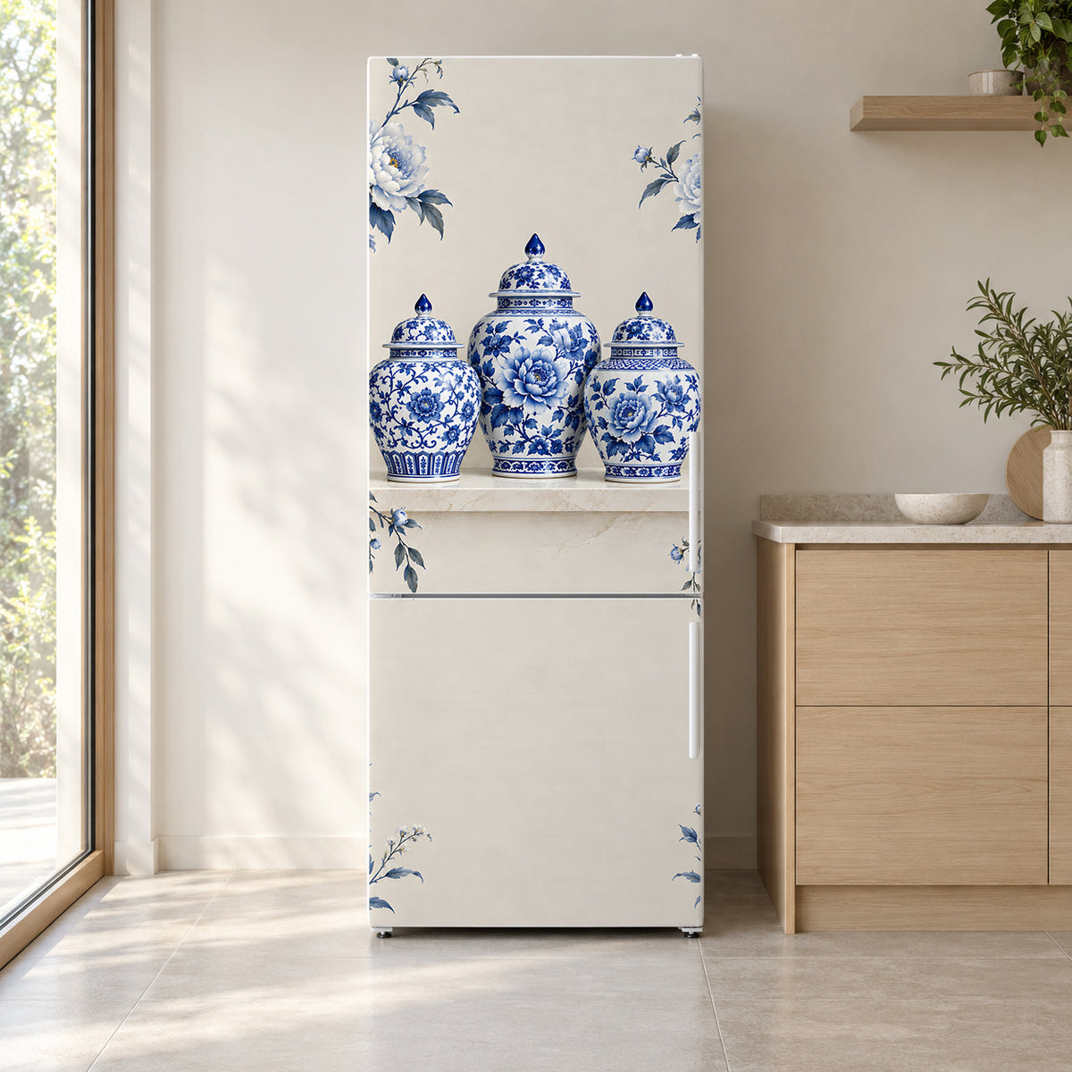 Blue & White Ginger Jars fridge wrap on a white refrigerator in a bright kitchen