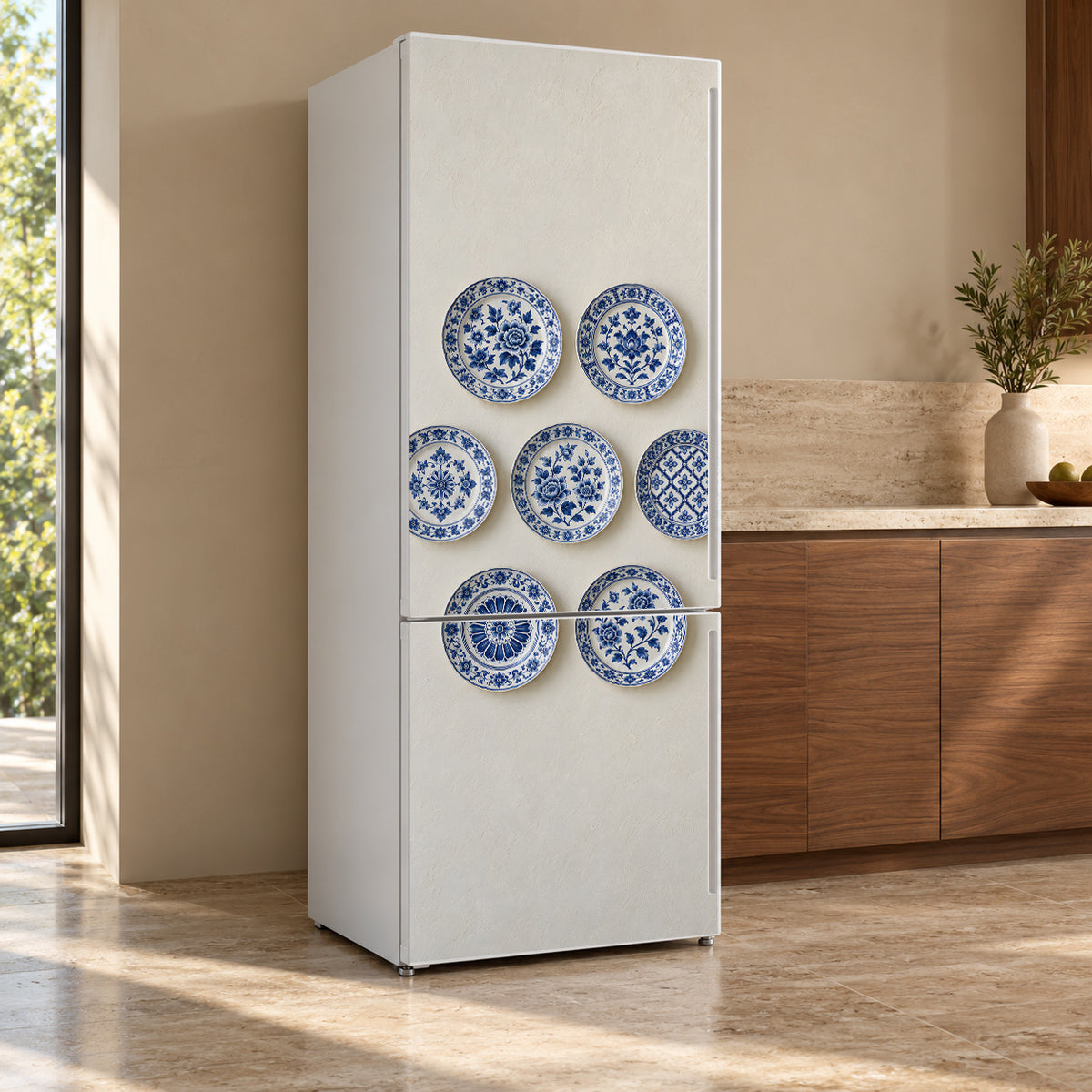 Blue & White Plate Wall fridge wrap, refrigerator shown at an angle