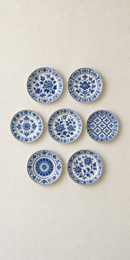 Blue & White Plate Wall fridge wrap full design