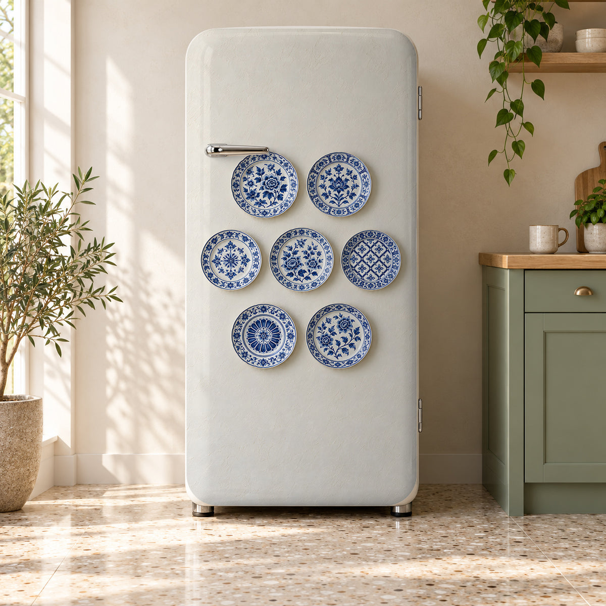 Blue & White Plate Wall fridge wrap on a retro refrigerator