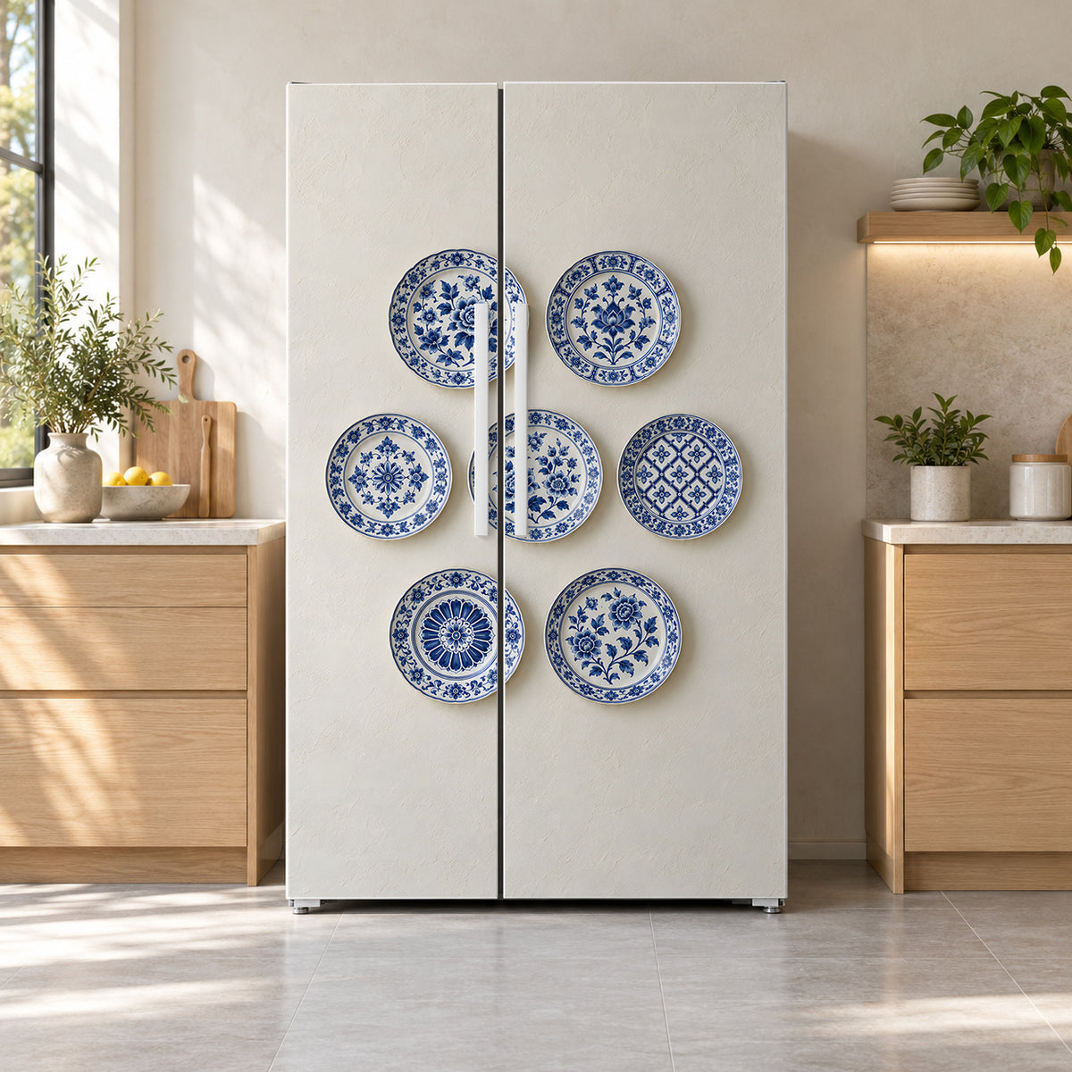 Blue & White Plate Wall fridge wrap on a side-by-side refrigerator
